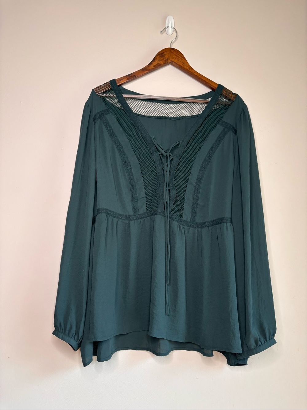 Embroidered Peasant Blouse Long Balloon Sleeve Forest Green
